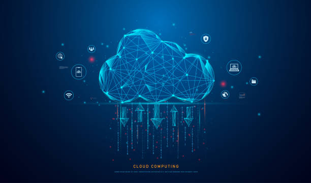 cloud computing icon on low polygonal style for technology cloud computing for data transmission, database, data storage, and backup. networking and internet service concept. - 網(wǎng)絡平臺 幅插畫檔、美工圖案、卡通及圖標