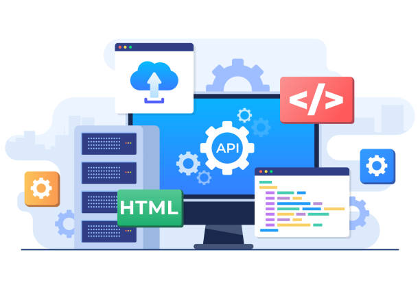 application programming interface concept, api provides the interface for communication between applications, software development tool, internet and networking, simplifying application integration - 系統(tǒng)軟件 幅插畫檔、美工圖案、卡通及圖標